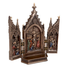 Resin Jesus-on-cross church statue angled view with gold-toned figures and side panels