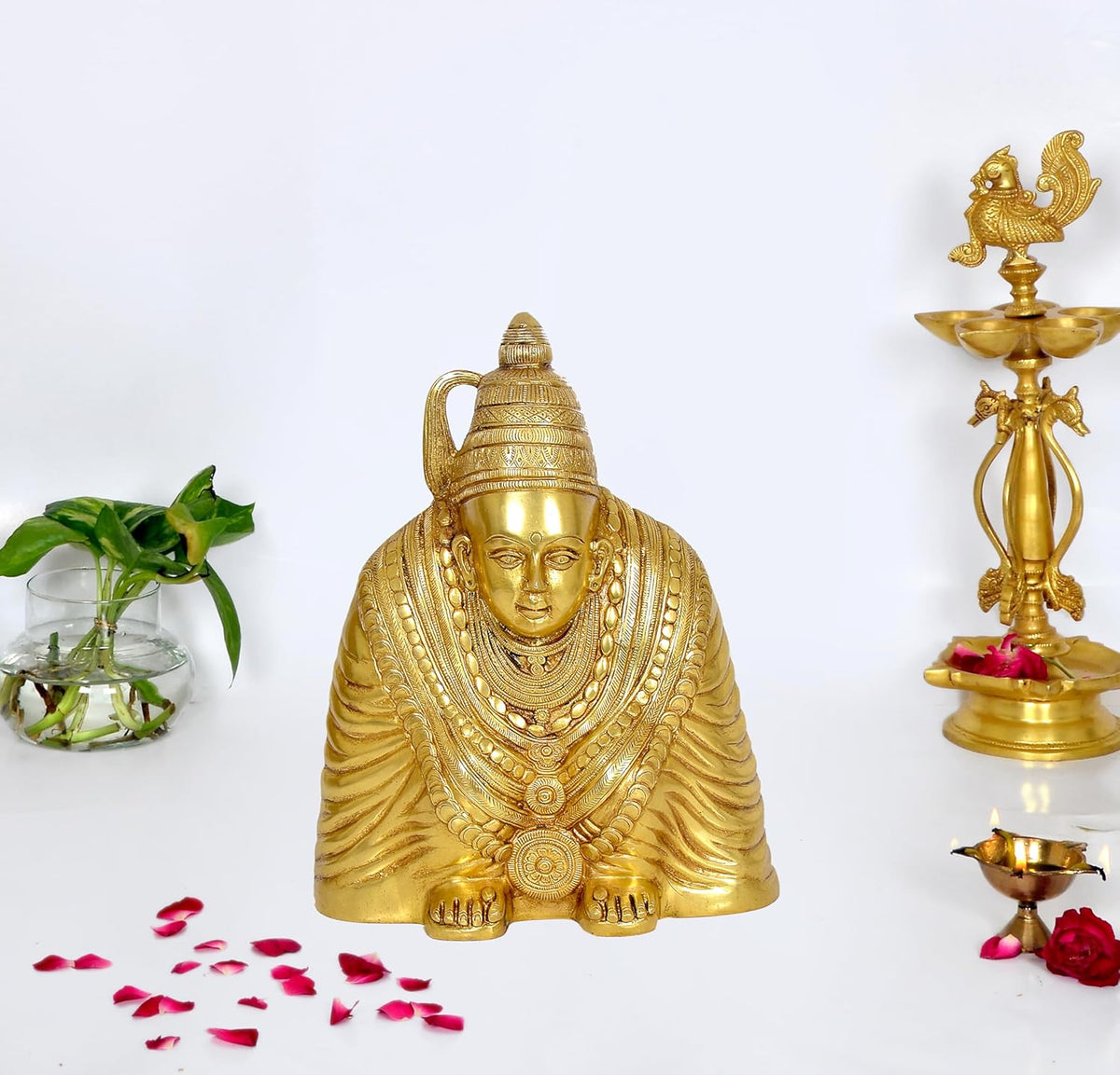 Brass Tulja Bhavani idol, seated goddess with ornate crown and jewelry, 13 in