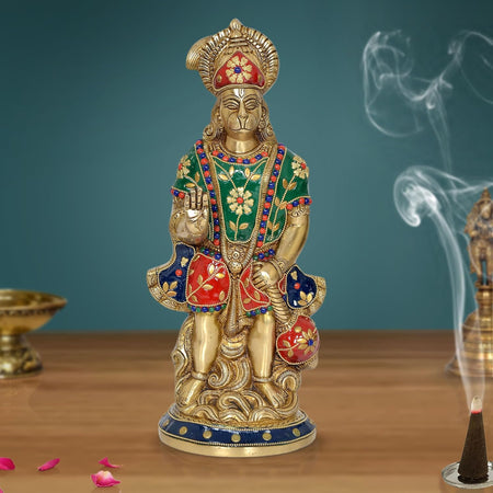 Brass Hanuman Statue Idol for Home Decor Office Mandir Pooja with Inlay Work (Height : 12 Inch)