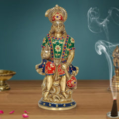 Brass Hanuman idol, gold finish with colorful inlay, seated pose, 12 in height