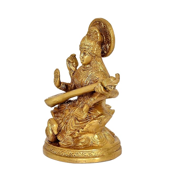 Brass Goddess Saraswati Sitting On Swan Devi of Study Maa Saraswati (Height 5 Inch)