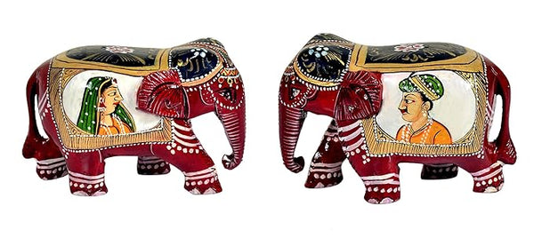 Elephant Pair Statue Small Size Multicolor Printed Wooden Decorate for Your Home,Office Table Decorative & Gift Item (Pack of 2) (Height: 3" Inches)