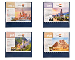 Desk calendar month panels showing May, Jun, Jul, and Aug with landmark images