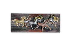 Framed metal wall art with seven running horses, gold, bronze, and silver finishes