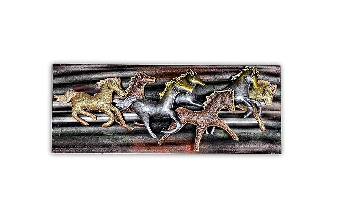 Metal Seven Running Horses Wall Decor Wall Sculpture Metal Frame With LED Light Multicolour Height 14 Inches