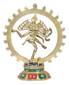 Gold-tone Nataraj Lord Shiva showpiece with plain circular halo and decorated pedestal