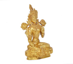 Brass seated Tara Devi statue angled view, raised arms with round ornaments