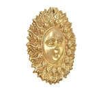 Brass Surya dev wall hanging, right-side angle showing profile face and engraved halo