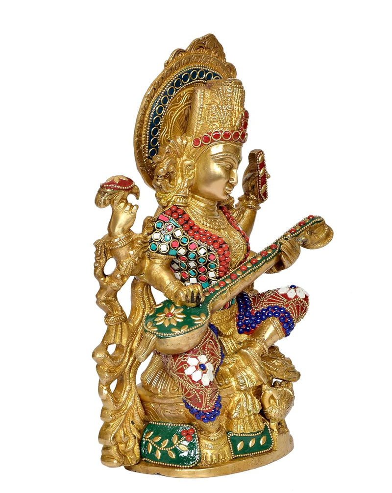 Brass Maa Saraswati Statue - Handcrafted Hindu Goddess Saraswati Idol for Home Decor and Pooja (Height 13 Inch)