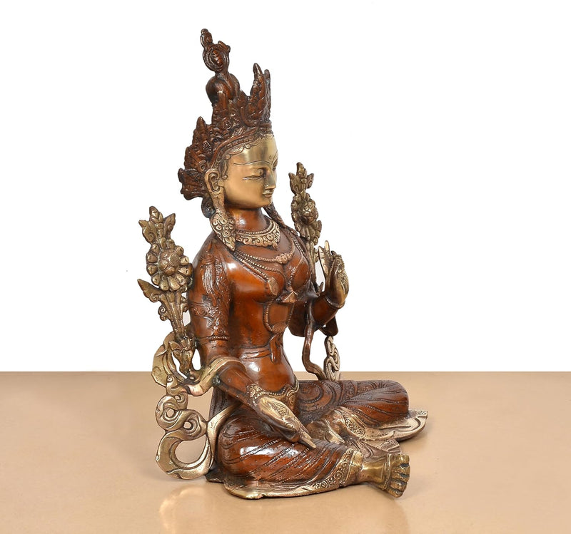 Brass Sitting Tara Devi Statue Tibetan Buddhist Deity (Height 15 Inch)