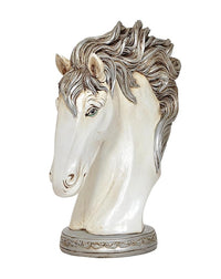 White polyresin horse head decor, eye and mane details, ornate round base