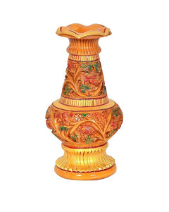 Large 8-inch wooden flower pot vase with carved floral design, orange and green