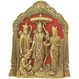 Ram Darbar metal shrine with golden deity figures and arched back, 8.5 in tall
