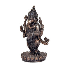 Resin Lord Ganesha idol figurine in dark bronze, three-quarter side view, lotus base, 5 inch
