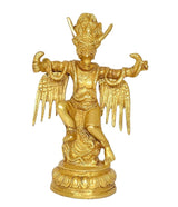 Brass Garun Bhagwan statue with ornate crown, arms raised, round base