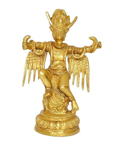 Brass Garun Bhagwan statue with ornate crown, arms raised, round base