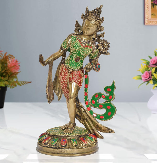 Brass Standing Tara Devi Statue -Meditation Spaces, for Home Decor and Office, or Thoughtful Spiritual Gift. (Height 15 Inch) Mandir Setting