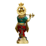 Krishna brass Murli statue back view, 16in, star halo, green and red jeweled outfit