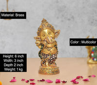 Brass Baby Ganesha sculpture, 6 inch height, multicolor Meenakari inlaid, front view