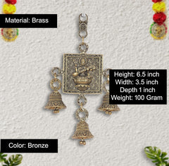 Bronze brass Saraswati wall hanging, 6.5 in height, square plaque and three bells