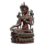 Tara Devi statue in brass green tones, seated posture with four raised hands, 15 inch