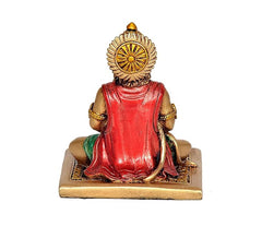 Back view of Hanuman JI resin statue, red robe and golden crown on gold pedestal