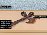 Multicolor brass parashu phurba dagger, carved grip with flared blade and prongs