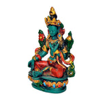 Side view Green Tara resin statue: teal hands, gold jewelry, red cushion, 15 cm