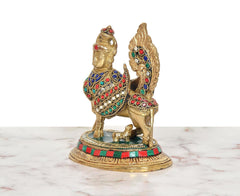 Brass cow calf with wings showpiece, side view with jeweled collar and horns