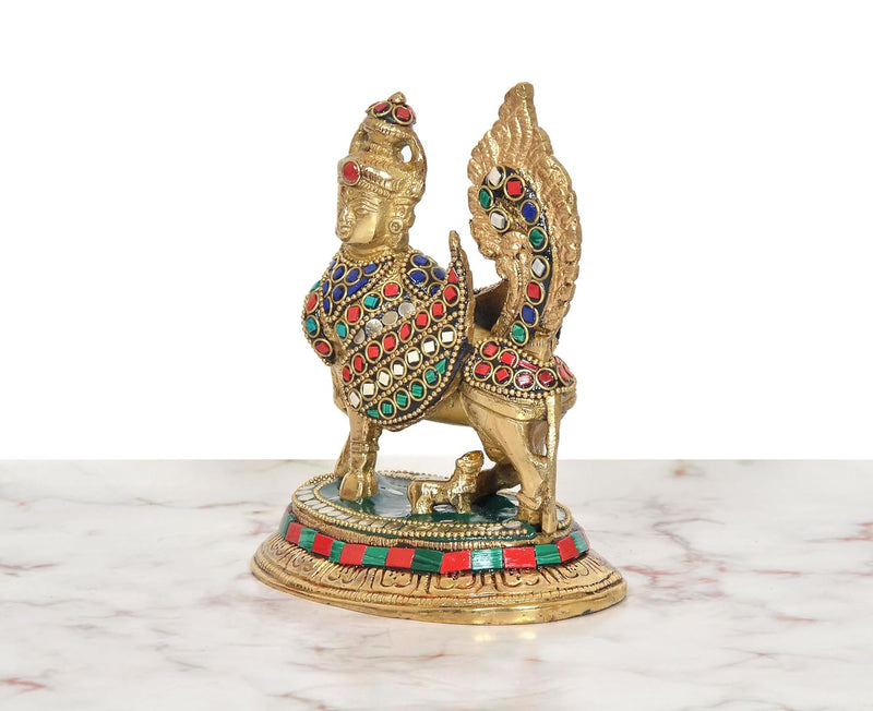 Brass Kamadhenu Cow Calf with Wings Showpiece (Height: 6 inch)