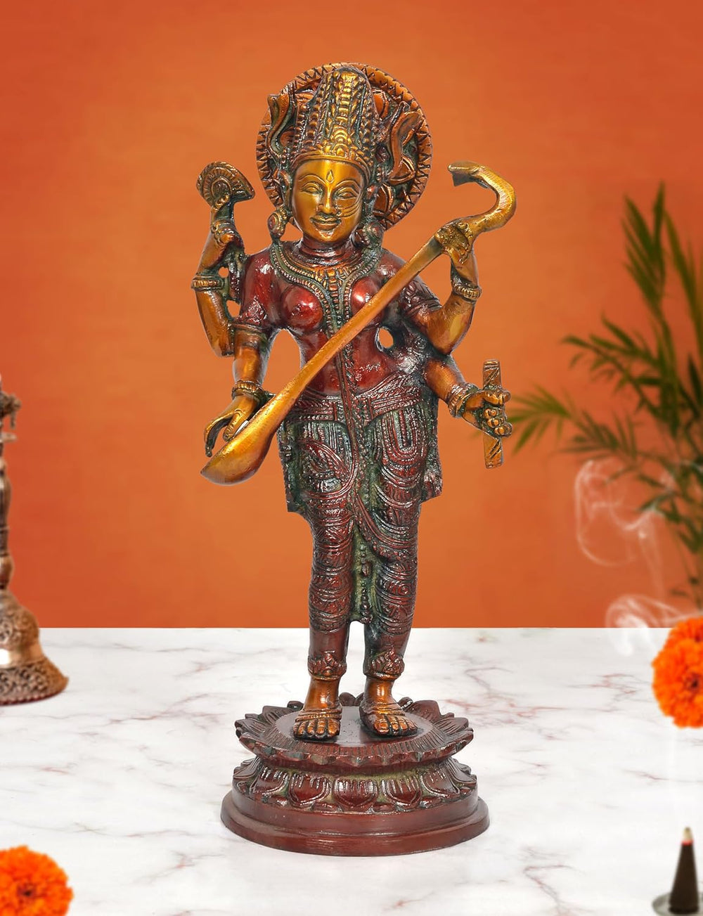 Brass Maa Saraswati Standing Vidya Devi Sculpture (Height 11.5 Inch)