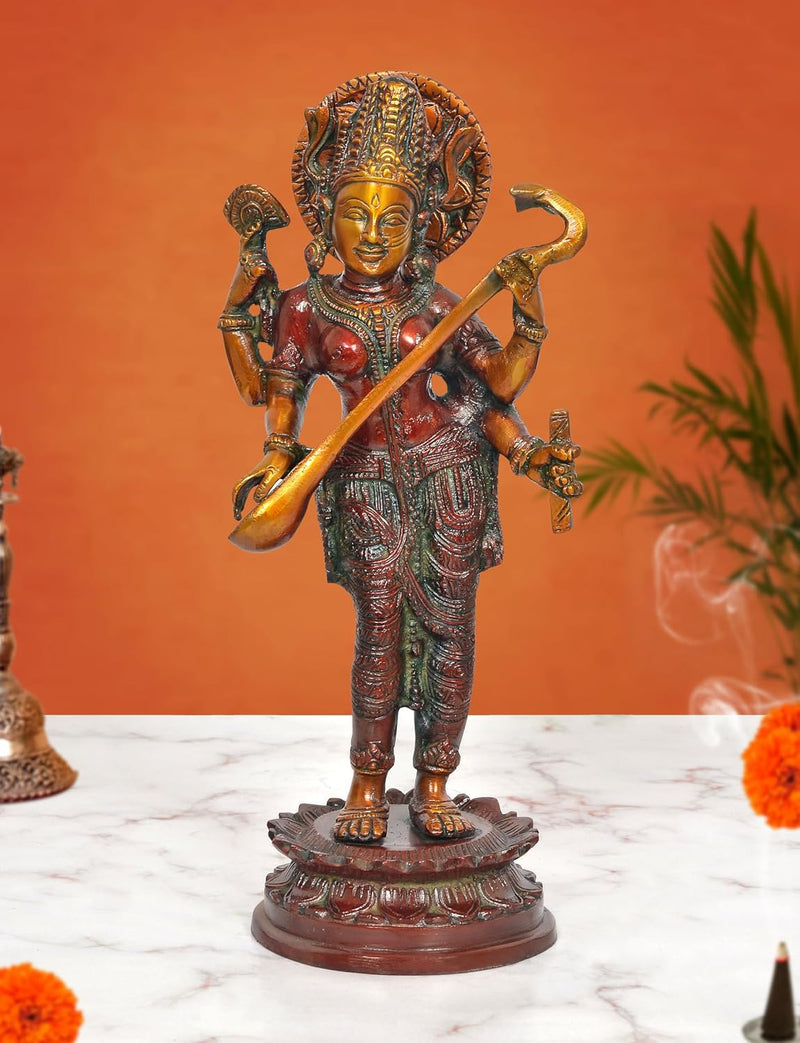 AONA Brass Maa Saraswati Standing Vidya Devi Sculpture