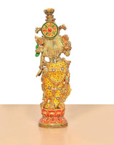 Radha Rani brass statue, back view with decorative halo medallion and meenakari dress.