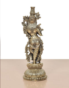 Superfine Brass Radha murti statue, rear view with elaborate hairpiece and detailed ornaments