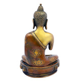 Messing-Buddha-Statue Rückansicht, sitzende Pose mit verzierter Robe