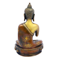 Messing-Buddha-Statue Rückansicht, sitzende Pose mit verzierter Robe