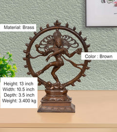 Brass Natraj Shiva dancing idol, circular halo; 13 inch, brown finish
