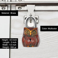 Brass owl padlock with multicolor painted owl face and central keyhole