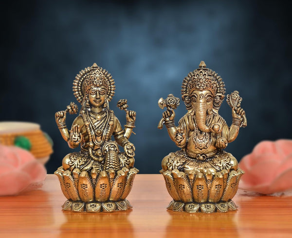 Superfine Brass Lakshmi Ganesh Statue (Height 2.5 Inch)