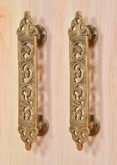 Brass filigree door pull handles with round backplate and floral scrollwork, pair