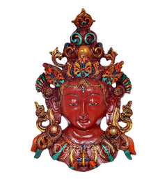 AONA Tara wall mask statue, red face and colorful crown with gold filigree details