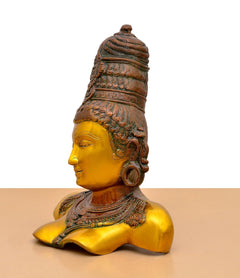 Side profile Parvati bust statue, gold complexion with engraved head and earrings