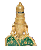 Brass Parvati bust statue rear view, green base panels with red-gold ornament