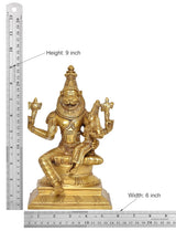Brass Lakshmi Narasimha statue, 9 inch height, width 6 inch, seated with raised hands