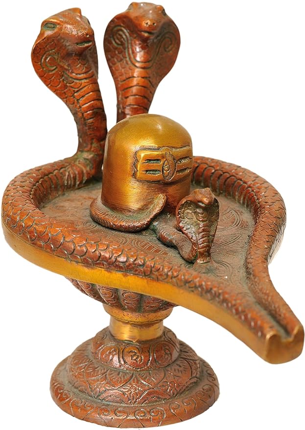 Brass Shiva linga with cobra hood, 7.5 inch height, detailed engravings