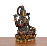 Lakshmi Brass Idol side view, seated pose with beaded crown and lotus base