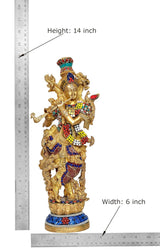 Brass Lord Krishna sculpture height 14 in and width 6 in, jeweled crown and blue base