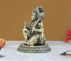 Hanuman Ji kneeling brass statue, raised hand blessing gesture, decorated base
