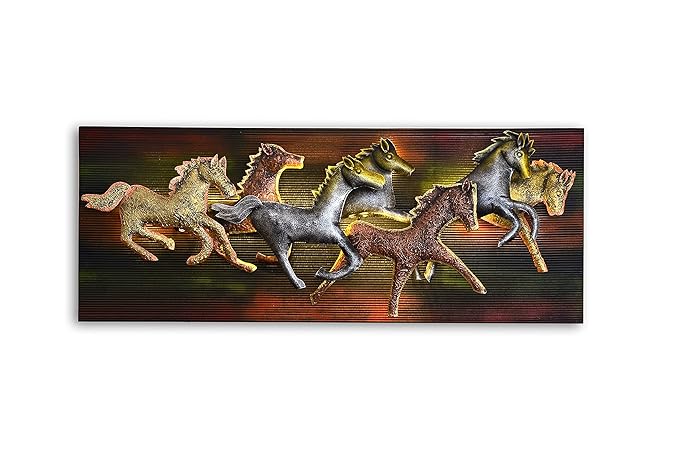 Iron 7 Seven Running Horses with LED Light with frame (Width: 36 inches)