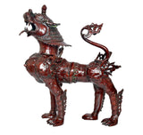 Temple lion statue, metallic dark red-brown finish, standing pose, curled tail with ring